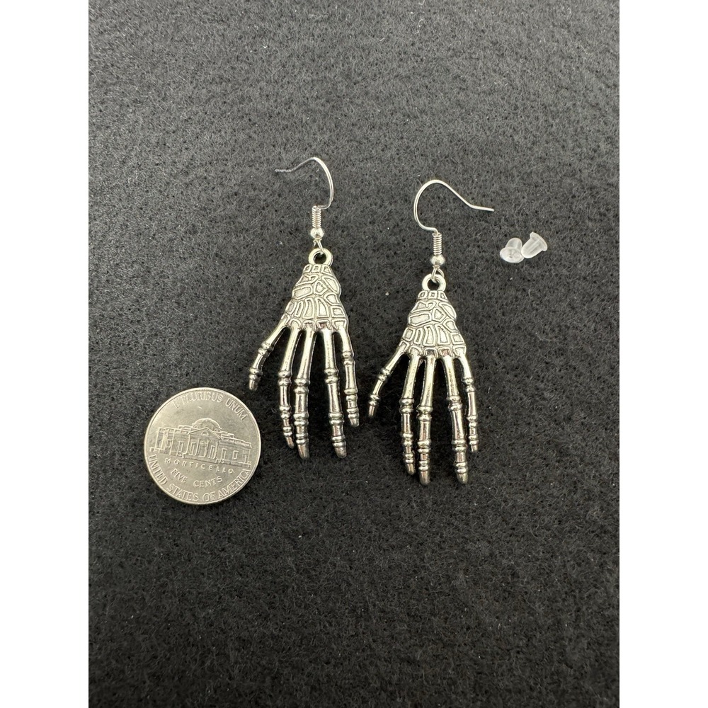 Halloween Skeleton Hand Dangle Earrings Silver Tone Goth Costume Jewelry